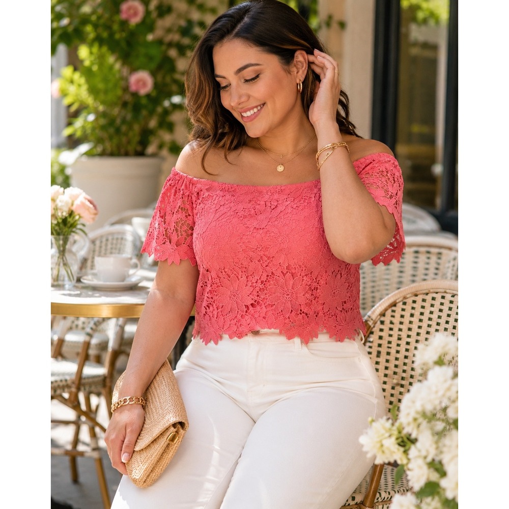 White House Black Market Coral Floral Lace Off Shoulder Top 14P Romantic
